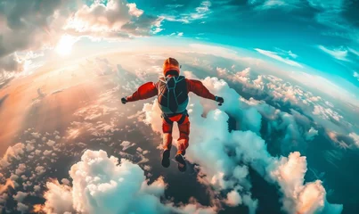Foto op Plexiglas A person is flying through the clouds in a red suit. Generative AI. © serg3d