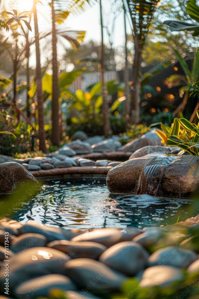 Poster a small pond with rocks and trees in the background. generative ai.