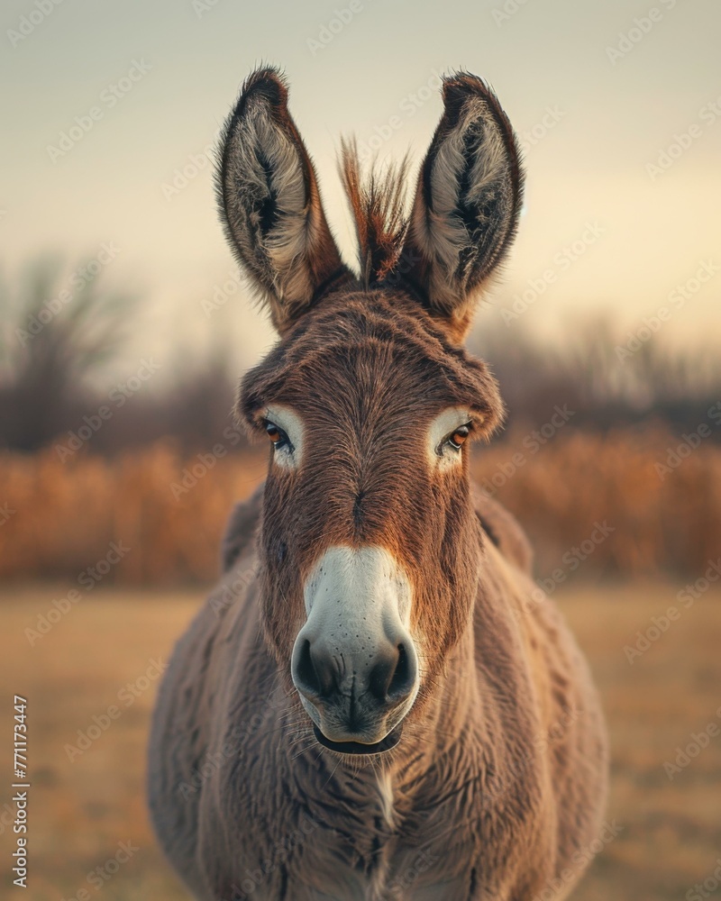 Poster a donkey standing in a field with grass and trees behind it. generative ai.