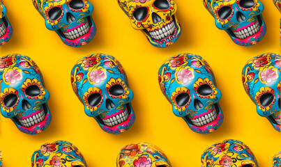 Colorful Sugar Skulls on Yellow Background for Day of the Dead, pattern 