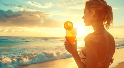Beautiful woman enjoying tequila sunrise cocktail on paradise beach