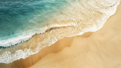 Tranquil Aerial View of Beach with Soft Pastel Colors, Capturing Serene Waves and Vast Sandy Shoreline.