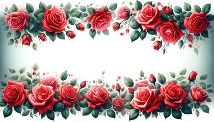 Stof per meter Bloemen Delicate Red Rose . flowers, light watercolor, spring mood. Border