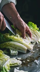 An action shot of napa cabbage being chopped each leaf a crisp