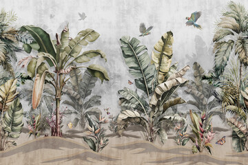 tropical banana leaf pattern wallpaper with a white background .