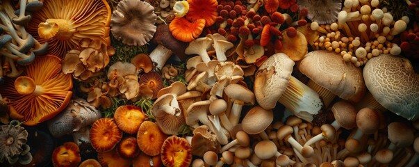 An array of mushrooms from the forest to the table - obrazy, fototapety, plakaty
