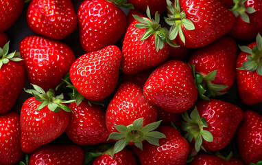 Close up of bright ripe fragrant strawberries background. Top view fruit scenery. - obrazy, fototapety, plakaty