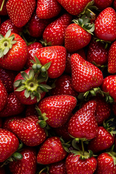 Close up of bright ripe fragrant strawberries background. Top view fruit scenery.