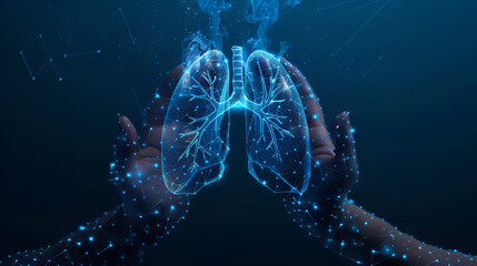 Two human hands are holds human lungs. Support healthy lungs concept. Wireframe glowing low poly design on dark blue background. generative ai  - obrazy, fototapety, plakaty
