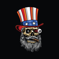 Naklejka premium Uncle Sam Skull Wearing Hat And Smoking Cigar Vector Graphic