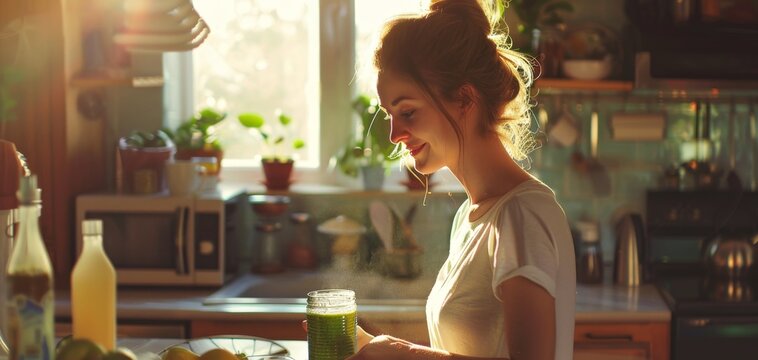 Woman Enjoying Fresh Green Smoothie at Home.