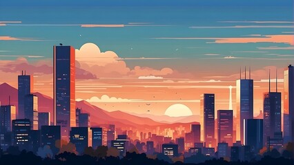 city skyline at sunset