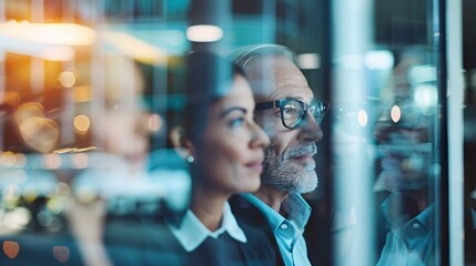 Business people looking out window with reflection
