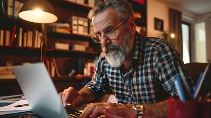 Mature man with beard budgeting at laptop
