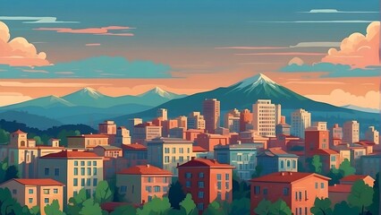 tall buildings in a city in the afternoon.mountain background.