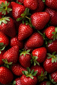 Close up of bright ripe fragrant strawberries background. Top view fruit scenery.