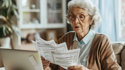 Senior woman banking with receipts on laptop - obrazy, fototapety, plakaty