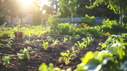 Family gardening in backyard vegetable garden