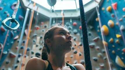 Woman at gymnastics rings looking up in rock climbing - obrazy, fototapety, plakaty