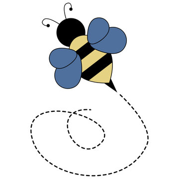 Bee Flying Path. Bee Flying in Dotted Line. Cartoon Character. Vector Illustration.