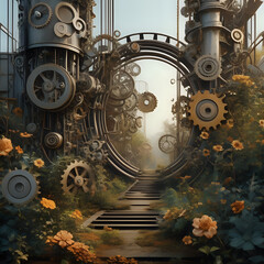 surreal image of an abstract and mechanical garden, where metallic flowers adorned with gears serve as petals and robotic vines climb imaginary structures - generated by ai