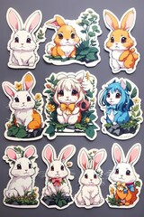 Cats and bunny's in various poses in sticker format.