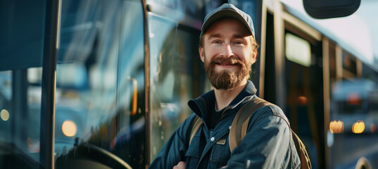 Happy bearded bus driver standing in front of bus with copy space for text - obrazy, fototapety, plakaty