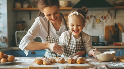 Happy mother and daughter baking in kitchen