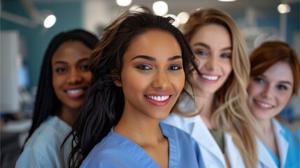 Fototapeta premium Diverse Medical Team Concept, Confident Female Medical Team Portrait, Confident Female Medical Team Smiling in Clinic, Confident Female Medical Team Healthcare Concept