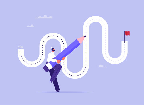 Progress or journey to success or achieve goal concept, businessman draw path to achieve success, business step or career path
