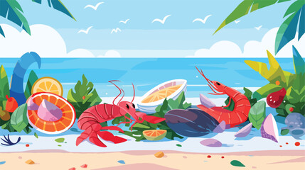 Fototapeta na wymiar Sea food design over beach background vector illust