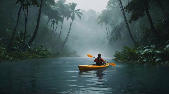 Dawn kayaking in misty jungle river.generative.ai