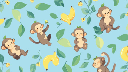 Seamless pattern cute monkey on a blue background f