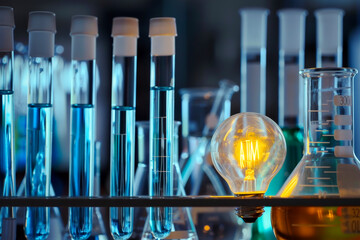 the Process of Idea Generation and Discovery: Symbolizing Scientific Exploration and the Illumination of Ideas with Light Transferring from Test Tubes and Beakers to the Bulb, Highlighting the Beauty 