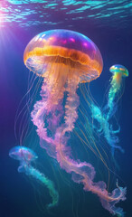 shining colorful jelly fish in the water