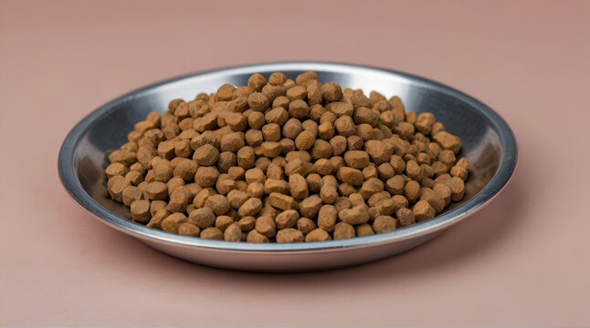 High quality photo of dry pet food on a metal plate for cats and dogs isolated pastel background.generative.ai