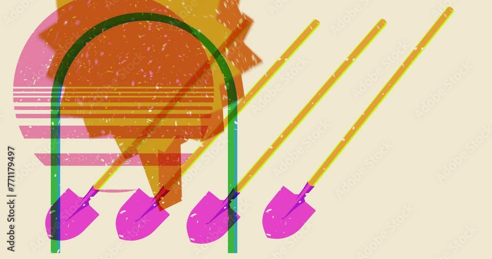 Poster risograph spade, shovel and speech bubble with geometric shapes animation. moving object in trendy r