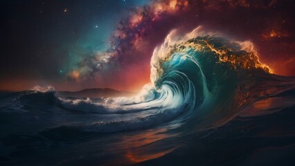 Waves crashing down on a beach with the luminescent day and night sky shining through.