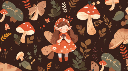 Seamless pattern with cute forest fairy and mushroo