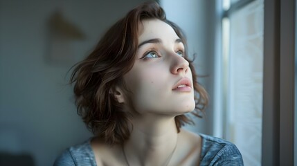 Portrait of a thoughtful young woman looking up