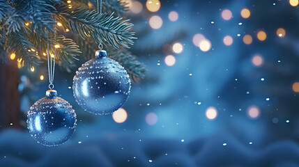 Fototapeta na wymiar Blue Christmas Ornament On The Tree Against The Background Of Christmas Lights