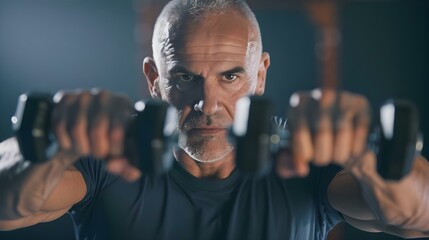 Focused senior man exercising with dumbbells - Powered by Adobe