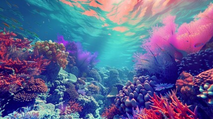 Fototapeta na wymiar Surreal underwater scene, coral reefs in psychedelic colors