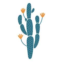 Prickly pear vector icon. Blooming cactus with long green stem, spines, orange flowers. House plant or desert succulent. American, Mexican opuntia. Hand drawn botanical doodle. Flat cartoon clipart
