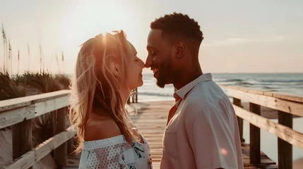 Crédence de cuisine en verre imprimé Descente vers la plage Happy couple talking face to face on beach boardwalk
