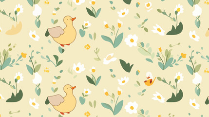 Seamless pattern with ducks on pastel yellow backgr