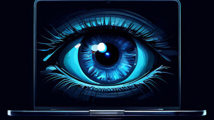 a big eye peering out from a laptop screen, symbolizing the concept of spying or surveillance - obrazy, fototapety, plakaty