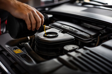 a hand holding an oil bottle and filling it in the engine compartment