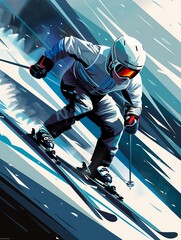 Obraz premium skier white blue outfit skiing down slope portrait flat color young silver garment billboard