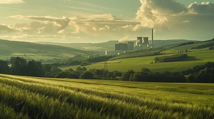 Foto auf Glas Tranquil landscape with nuclear power plant surrounded by picturesque green fields © pijav4uk